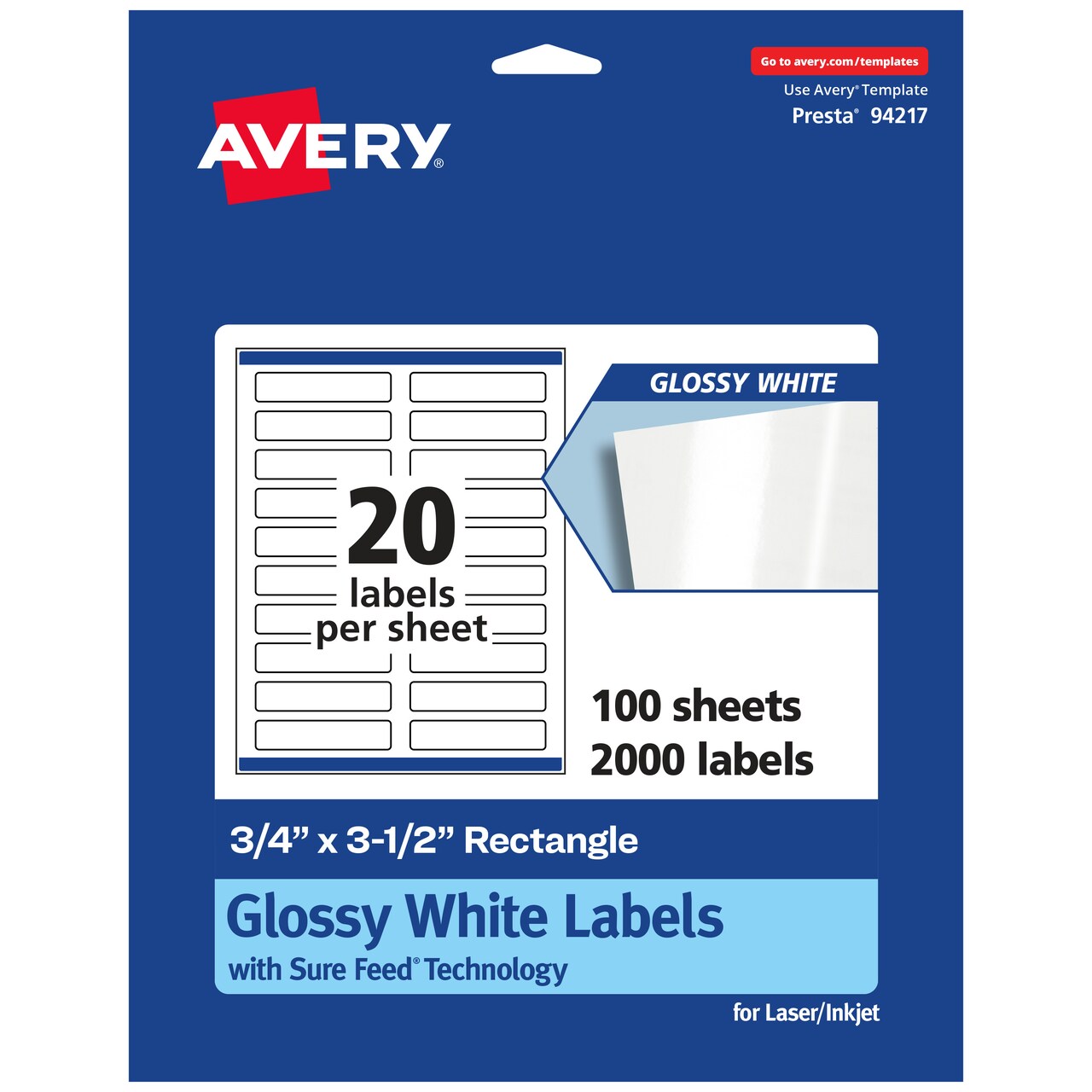 Avery Glossy White Rectangle Labels with Sure Feed, .75" x 3.5"